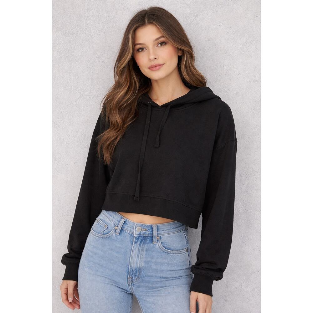 The Drop Black Cropped Hoodie Sweatshirt Pullover Drawstring Womens M